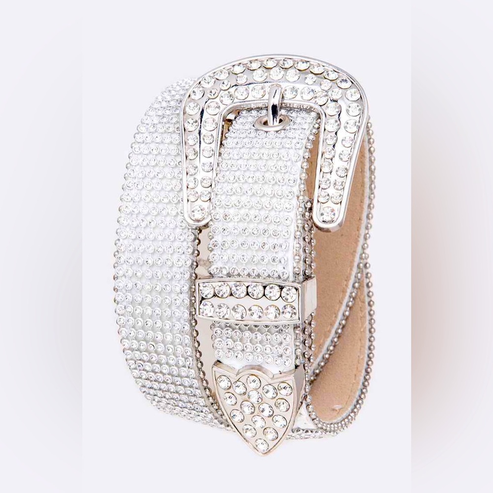 White & Silver Genuine Leather Crystal Fashion Belt